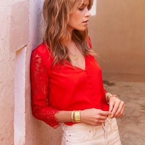 Sezane April Silk Blouse in Coral size 42 NWT